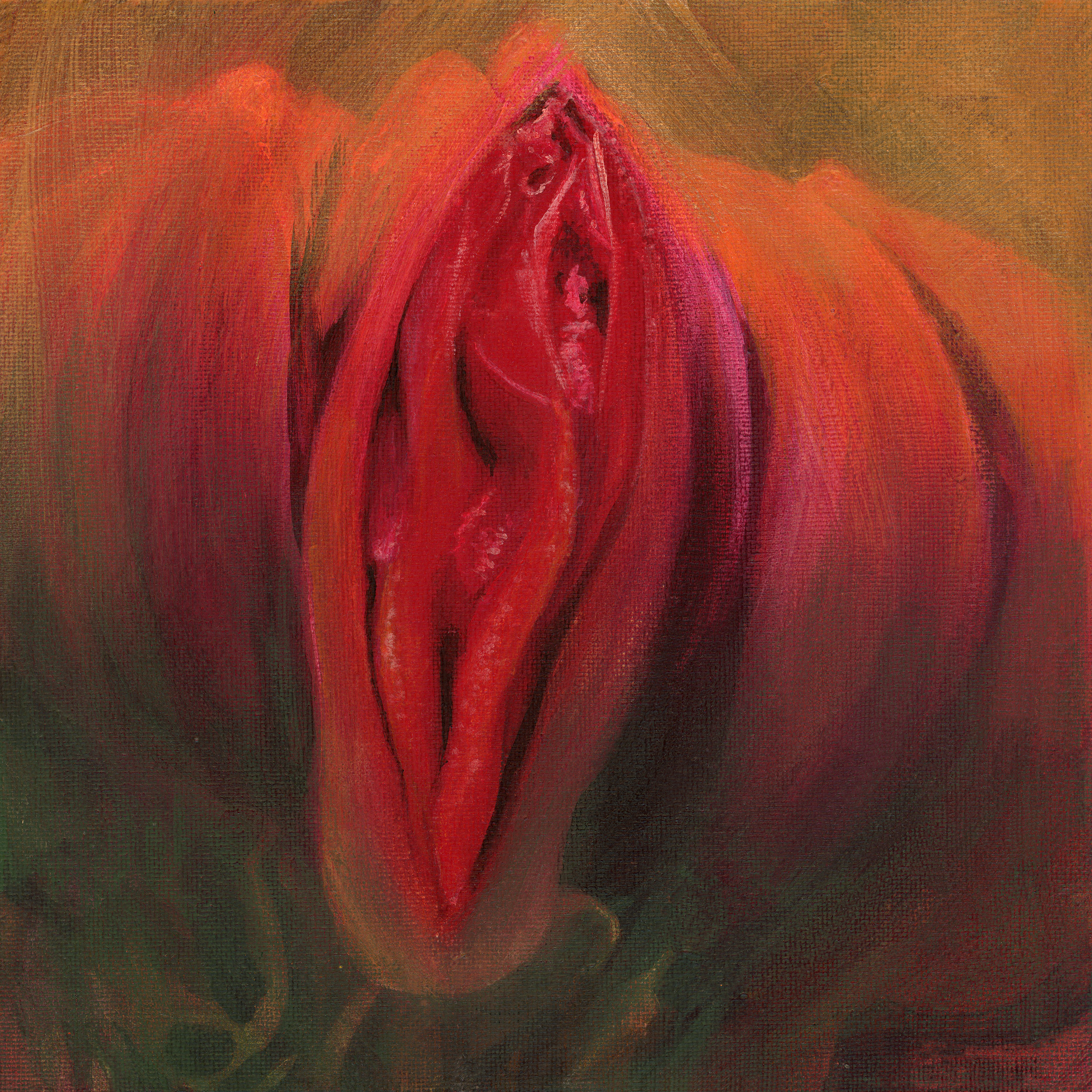 Painting of red flower with the petals in the shape of a vulva and looks like a fruit, on orange background.