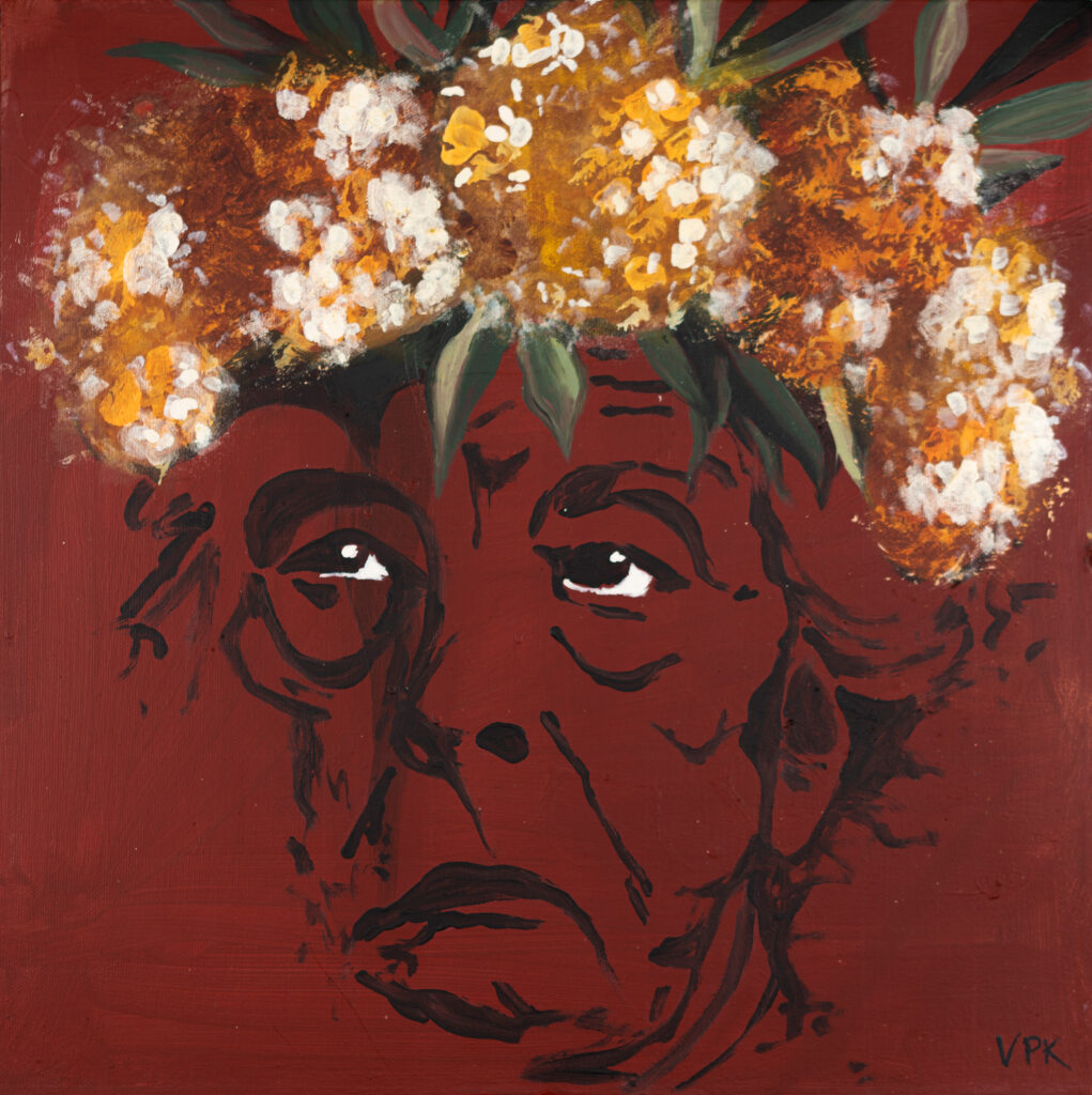Painting of an outlined face of a woman with a crown of white and orange flowers on dark red background.