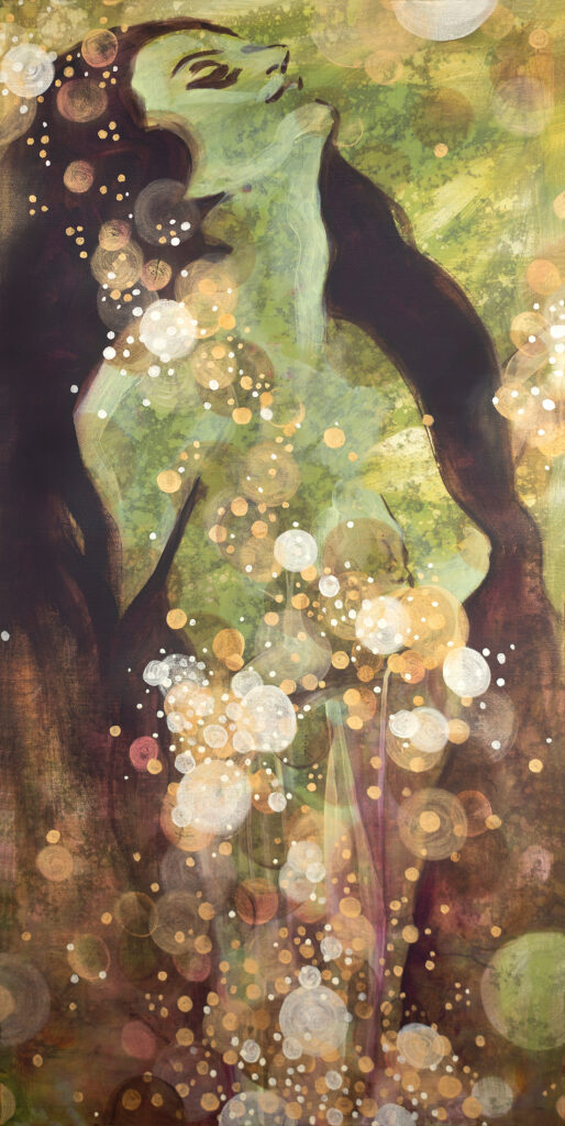 Painting of a green woman with long dark hair, surrounded by golden bubbles and green background.