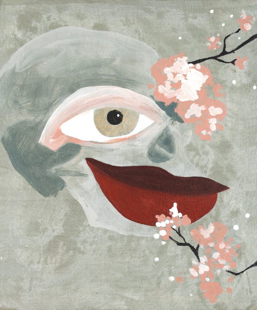 Painting of grey skull with eye and big red smiling mouth, with pink flowers and grey background.