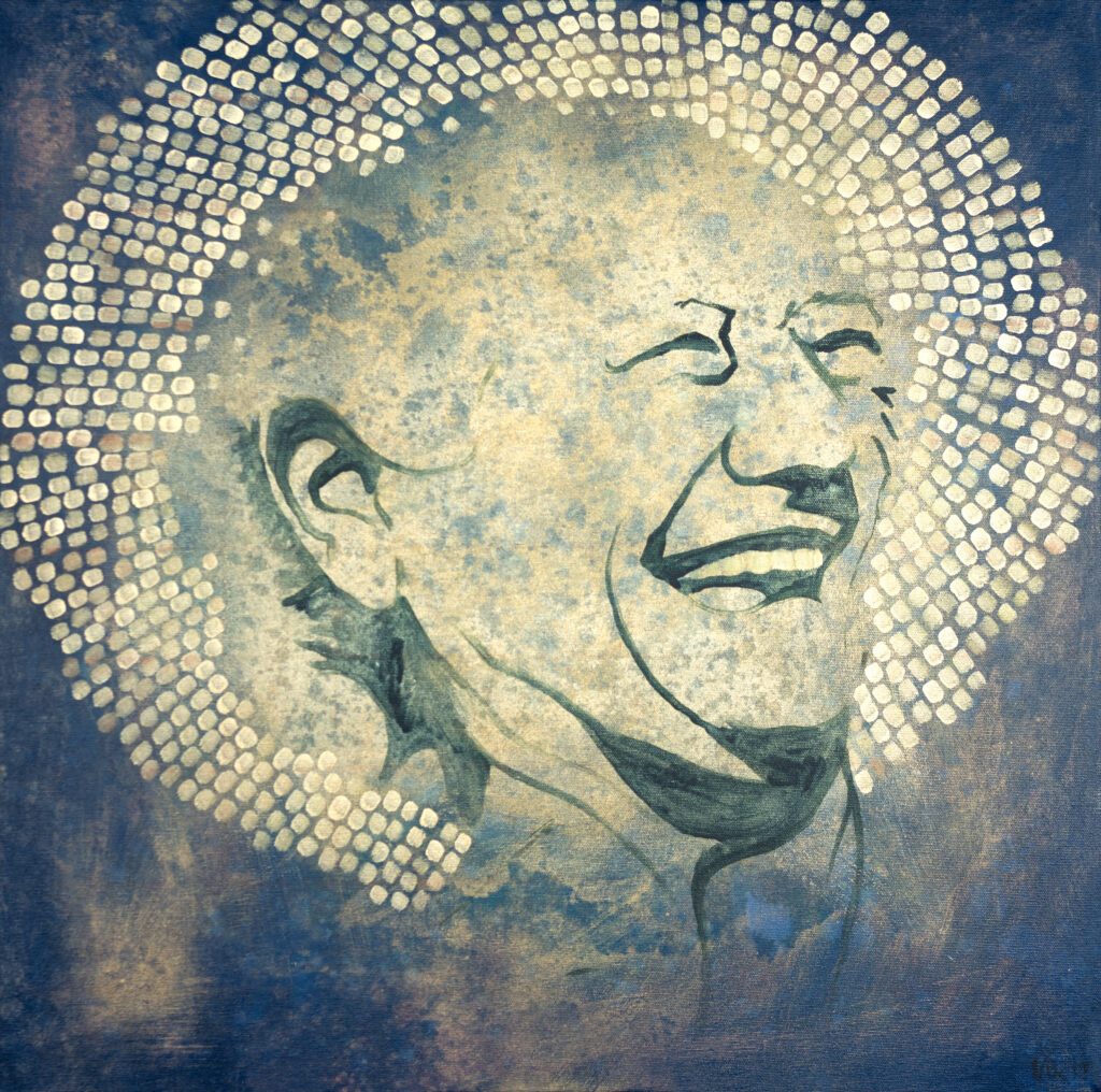Painting of the face of an old woman laughing in blue and golden tones with golden mosaic halo in the background.