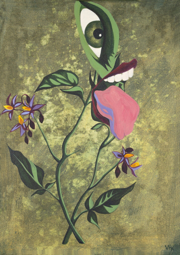 Painting of belladonna plant in the style of a botanical illustration with eye and mouth on green background.