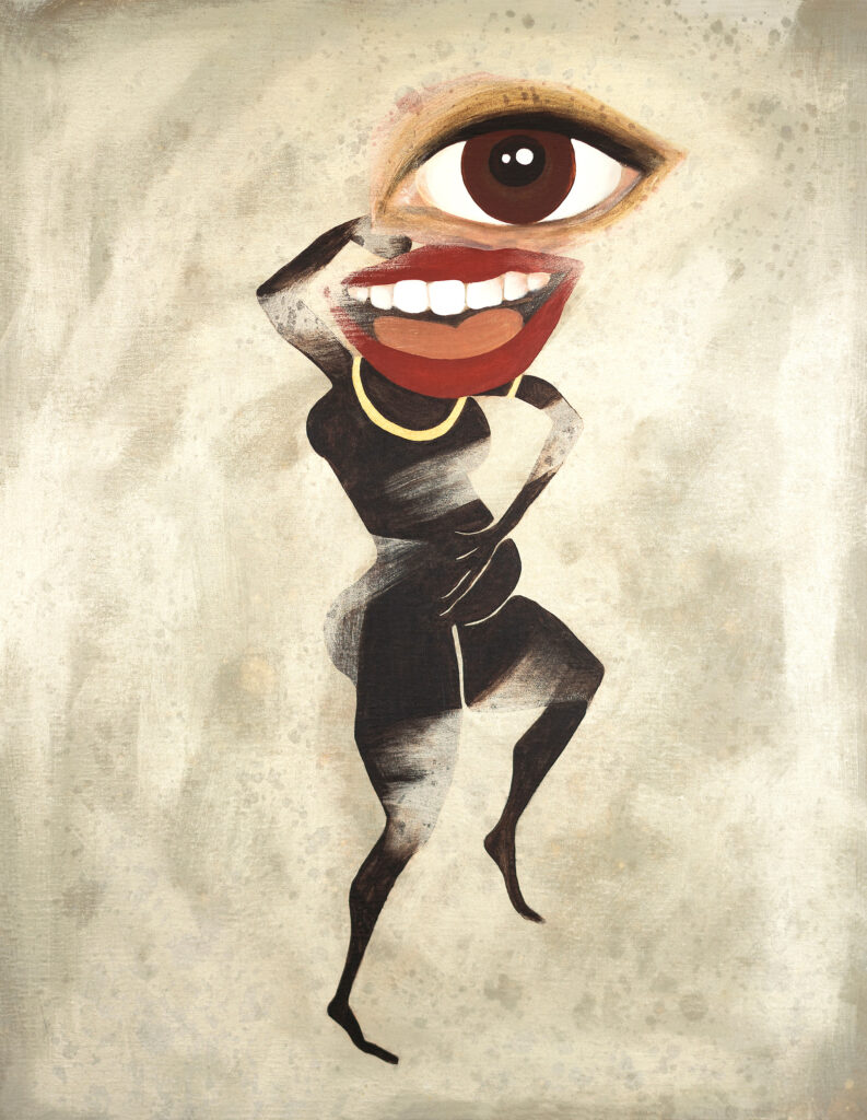 Painting of a silhouette of a pregnant woman with one enormous eye, a big red mouth and a golden necklace, dancing on grey background.