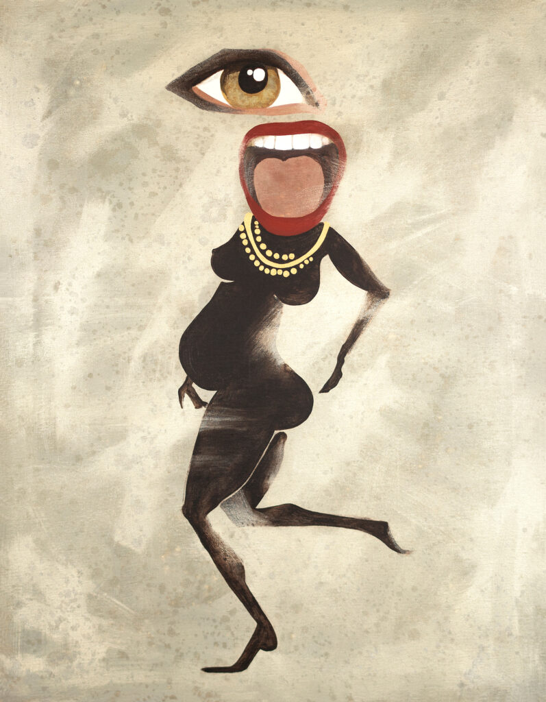 Painting of a silhouette of a pregnant woman with an enormous eye and red mouth, with a golden necklace and dancing, on grey background.