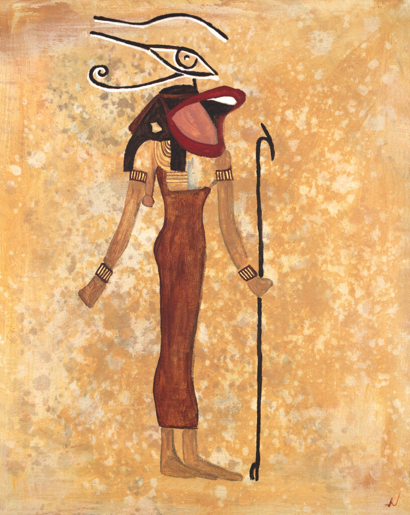 Painting with ochre background and the figure of a woman in Egyptian style with an Horus eye and a big red mouth singing into a microphone.