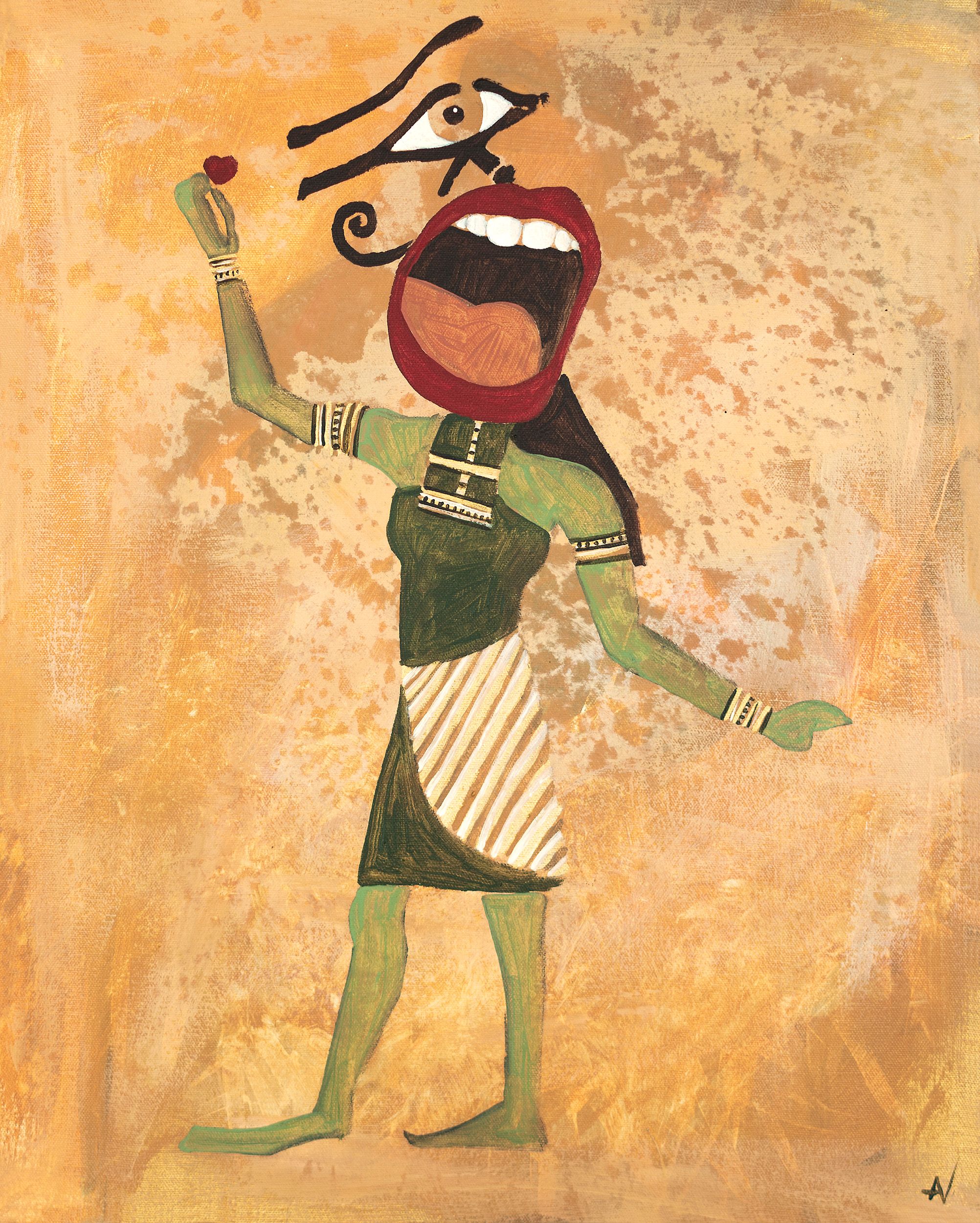 Painting of a green woman on ochre background in ancient Egyptian style shouting while holding a small red heart in her hand.