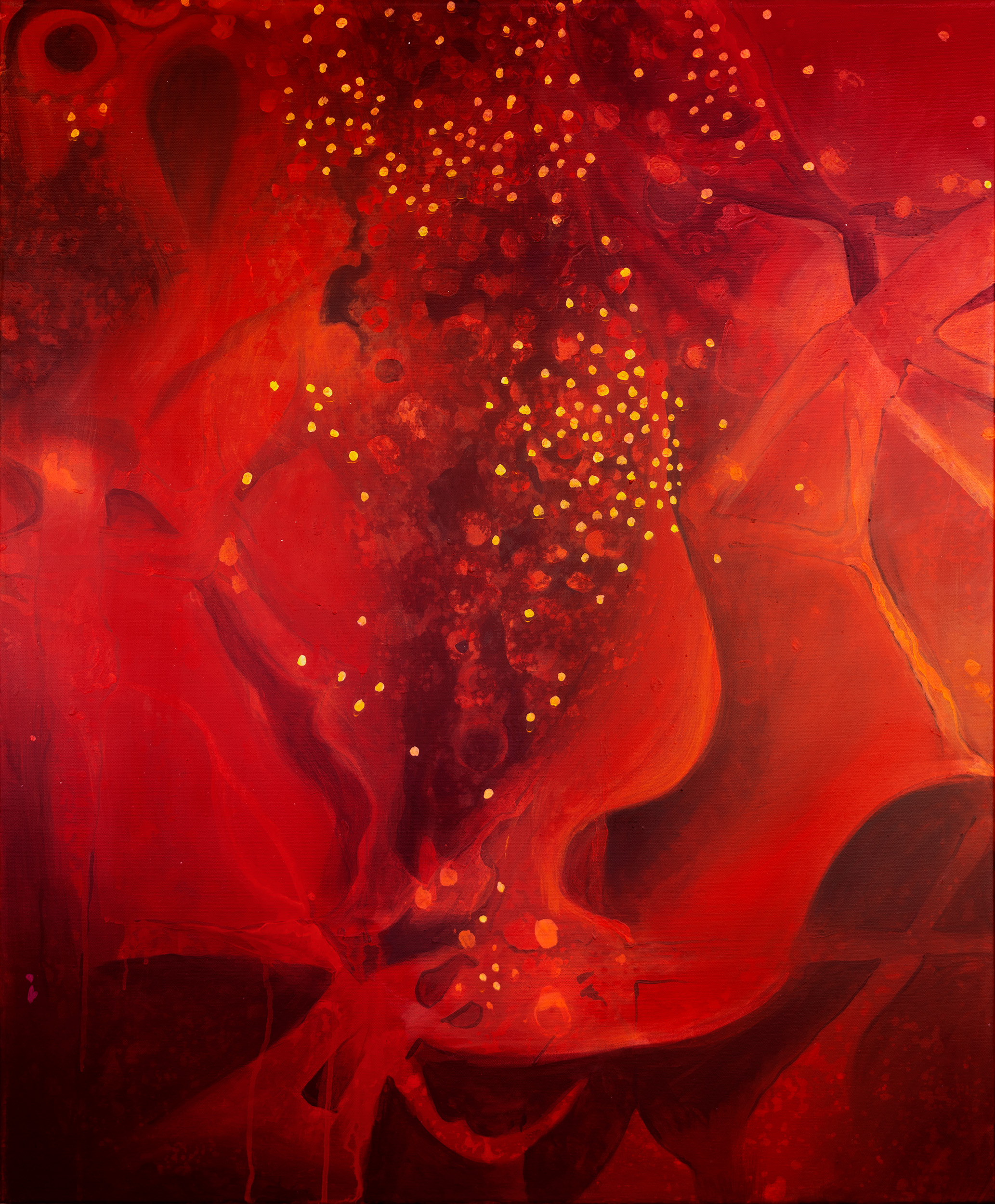 Red painting with flower, veins and red blood cells.