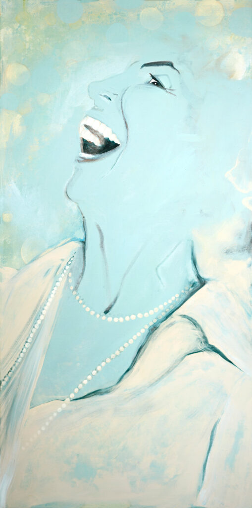 Painting of light blue woman with string of pearls laughing with her head tilted.