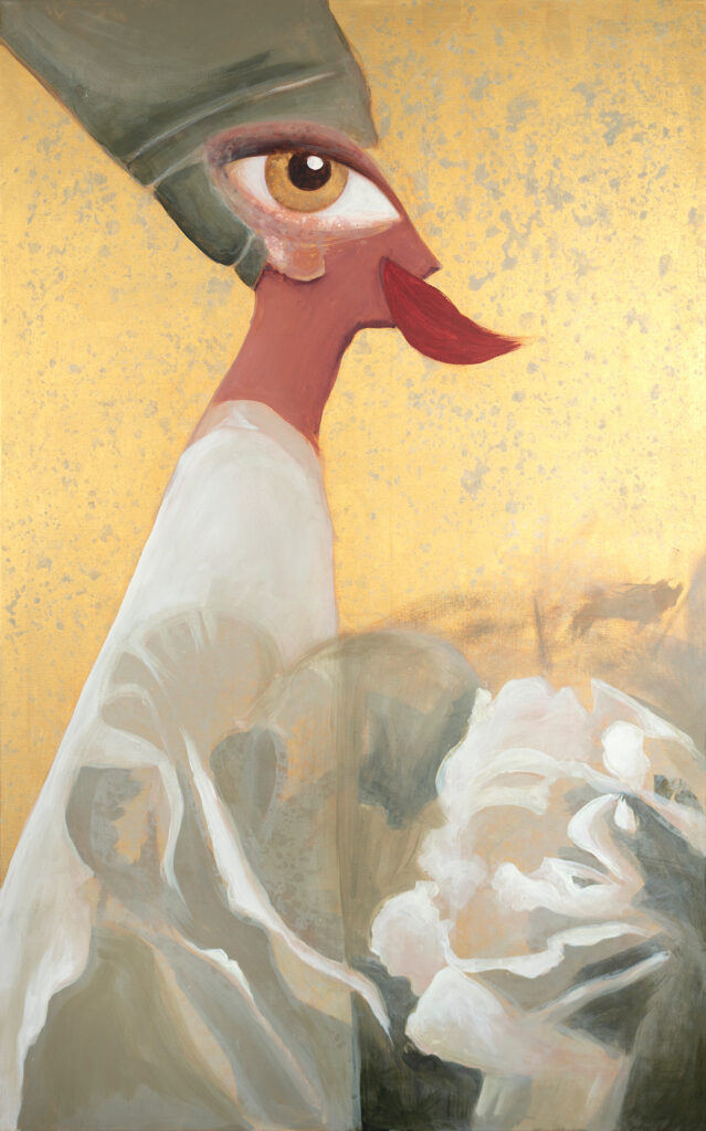 Painting of woman in profile, wearing a white tunic, in the style of the Egyptian queen Nefertiti, with flowers and golden background. A bit cubist, with a huge eye and mouth.