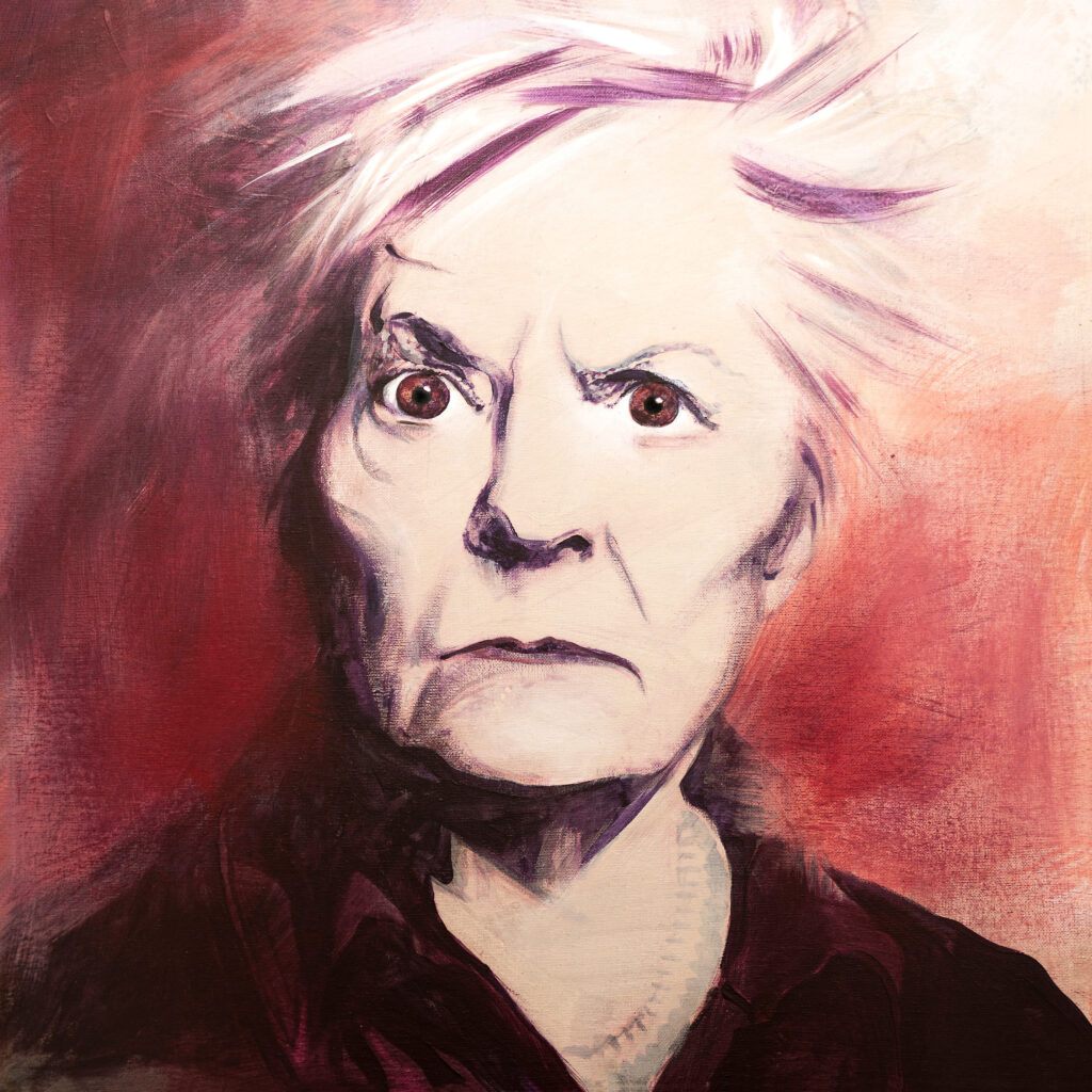 Monochrome portrait in red, white and purple of an older angry woman with short white and purple hair.