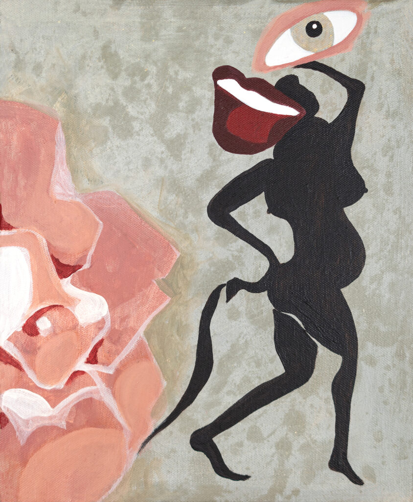 Painting of a silhouette of a pregnant woman with an enormous eye and mouth, dancing with a big pink and white flower, on grey background.