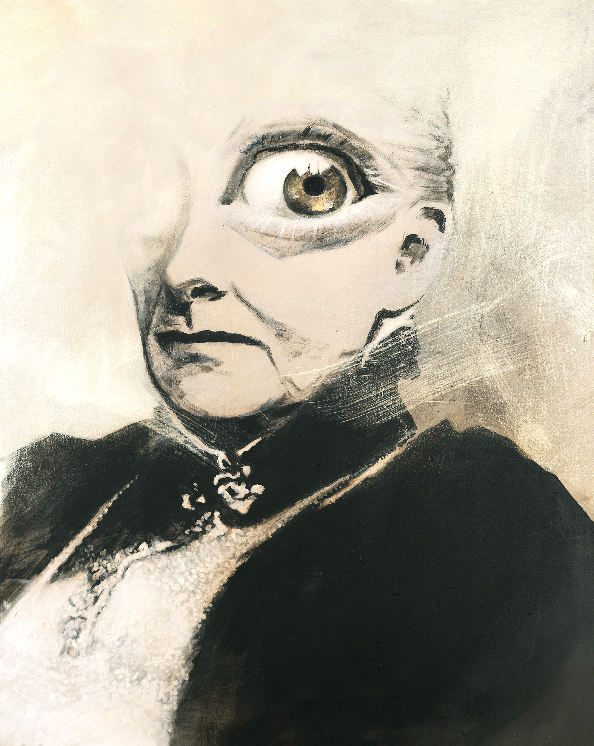 Portrait of a Victorian lady in sepia tones with a huge eye and a serious face.