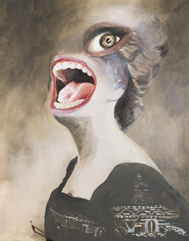 Portrait of a Victorian lady in sepia tones with a huge eye and an enormous mouth with teeth and tongue.
