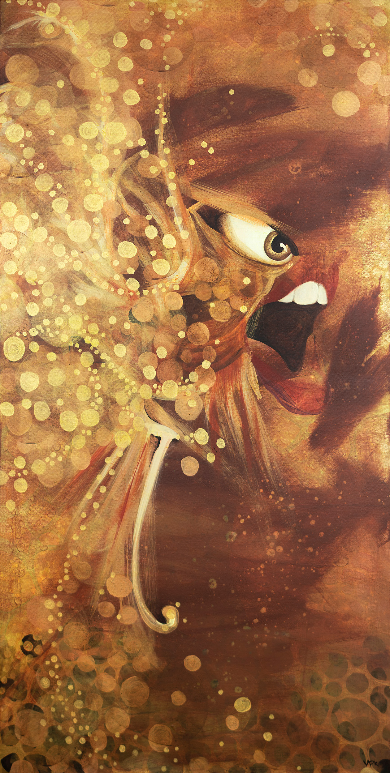 Painting of a phoenix bird with mouth and eye, surrounded by golden and white bubbles, on brown background.