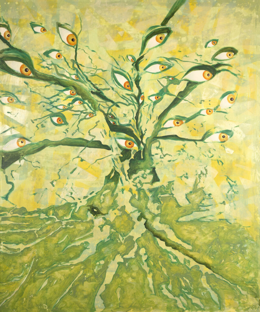 Painting of tree with eyes instead of leaves that all look to the right, in green and golden tones.